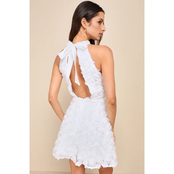 Lulus NWOT Beloved Blossoming White 3D Floral Halter Backless Mini Skater Dress - Picture 6 of 12